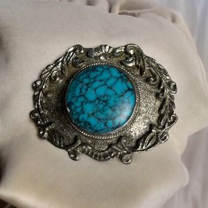 Vintage Silver Tone Turquoise Belt Buckle Oval With Black Vein Western Navajo
